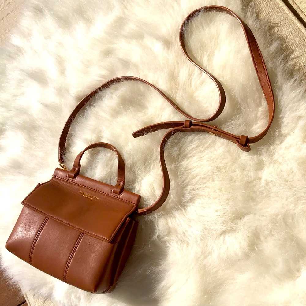 Tory Burch Block-T Mini Satchel Leather Cross-body Top handle Purse Tan